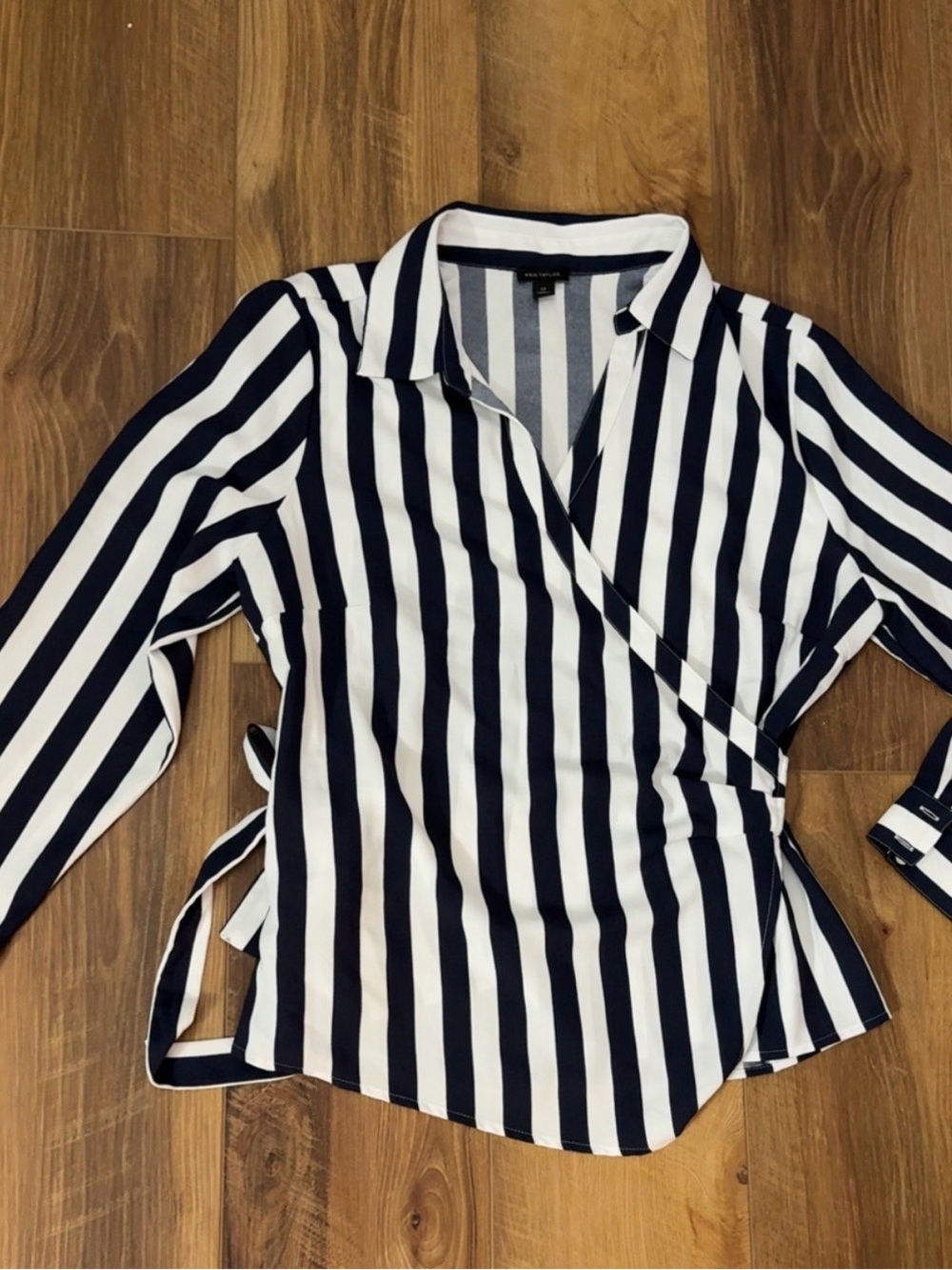 Ann Taylor Navy and White Vertical Stripe Wrap Shirt